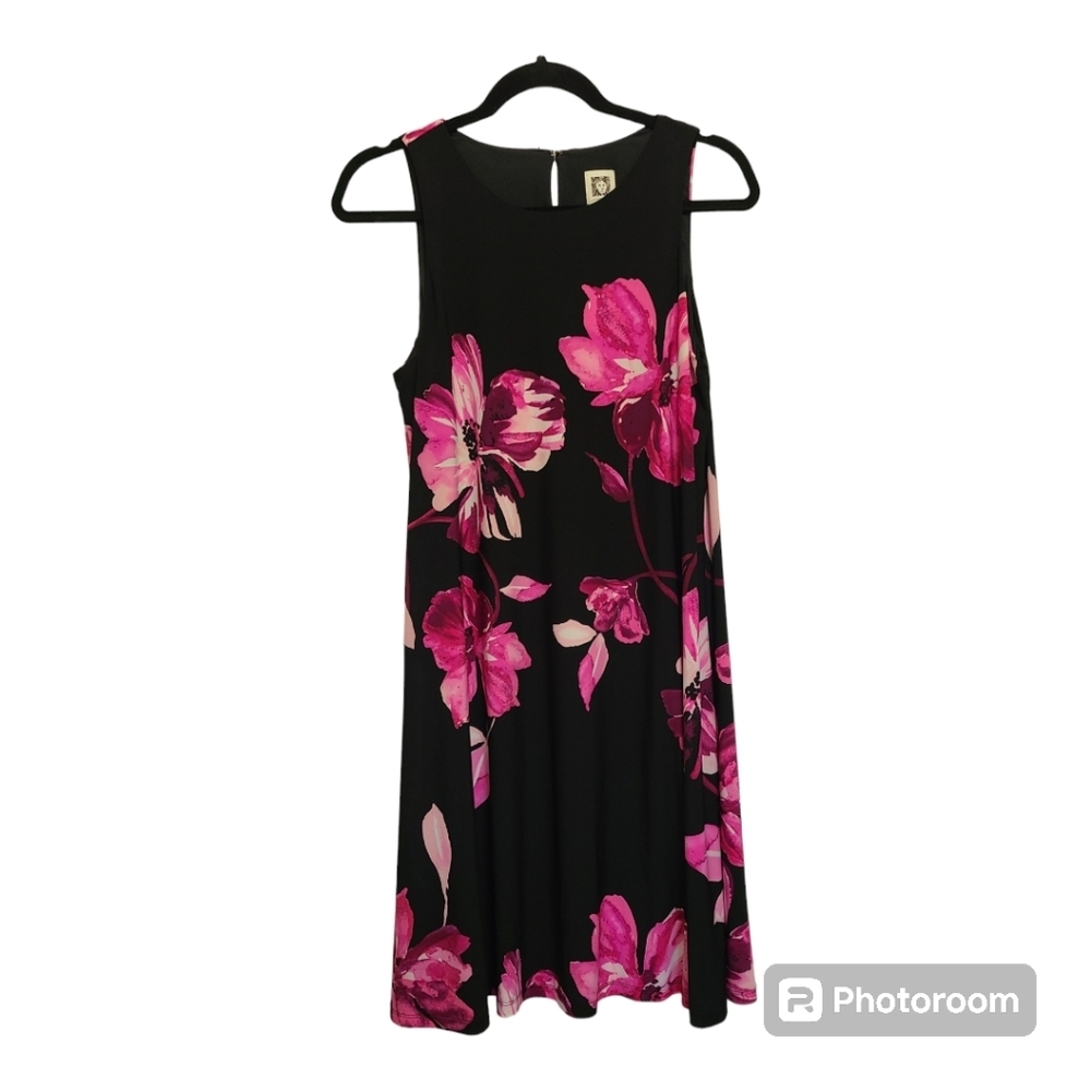 EUC Anne Klein black midi‎ dress with pink floral | sleeveless dress